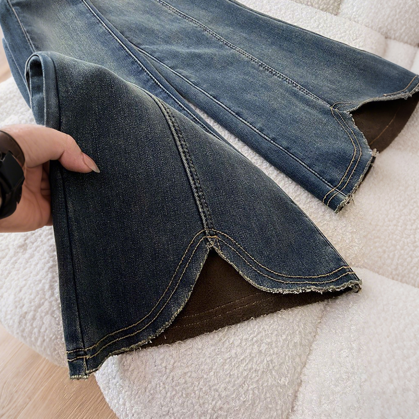 大码胖mm复古蓝毛边开叉微喇牛仔裤女冬季加绒加厚高腰喇叭阔腿裤,淘宝优惠券,粉丝福利购,淘宝优惠卷