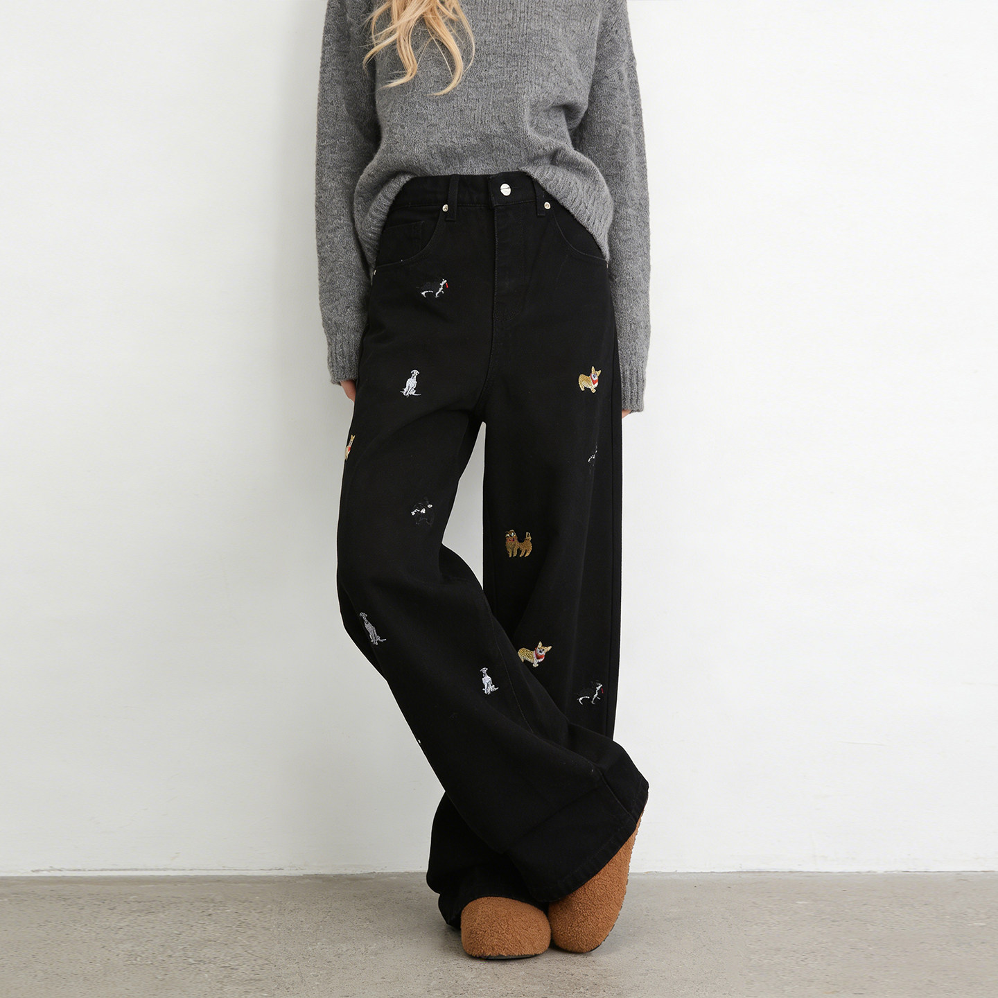 大码胖mm童趣卡通刺绣阔腿牛仔裤女加绒加厚可爱设计感保暖直筒裤,淘宝优惠券,粉丝福利购,淘宝优惠卷