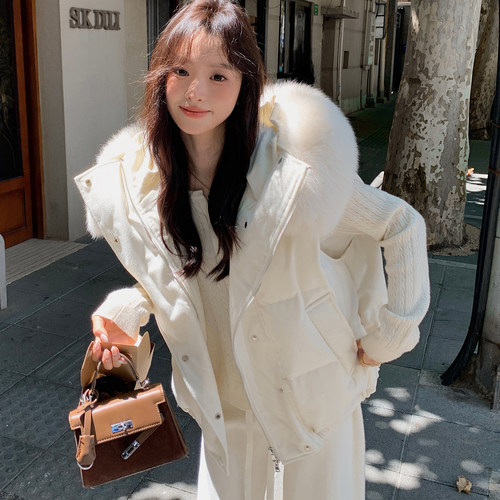 大码女装胖mm慵懒风大毛领连帽棉服马甲女加厚保暖不臃肿棉袄外套 - 图1