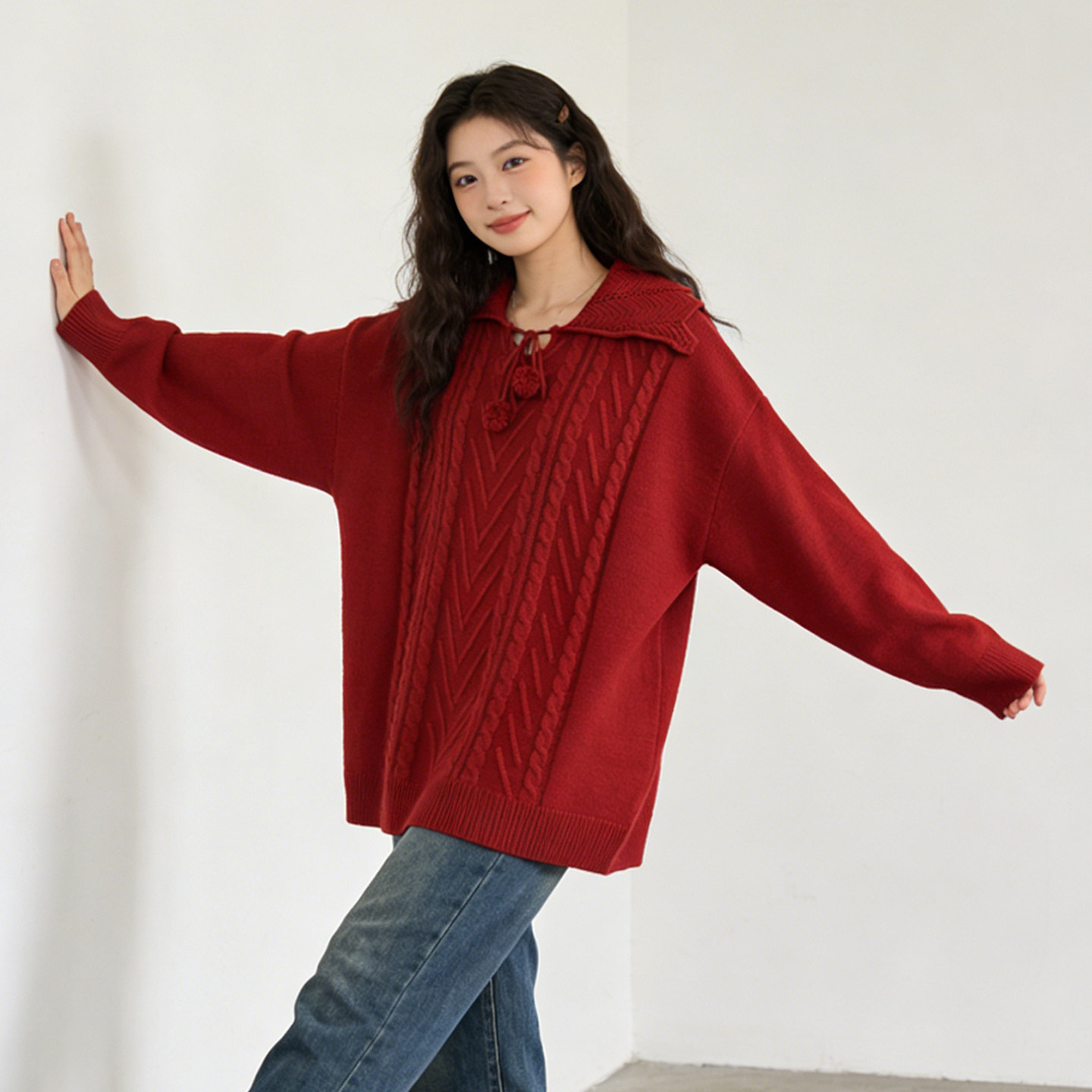 大码女装胖mm圣诞红色麻花针织衫女慵懒风设计感遮肉减龄毛衣上衣,淘宝优惠券,粉丝福利购,淘宝优惠卷