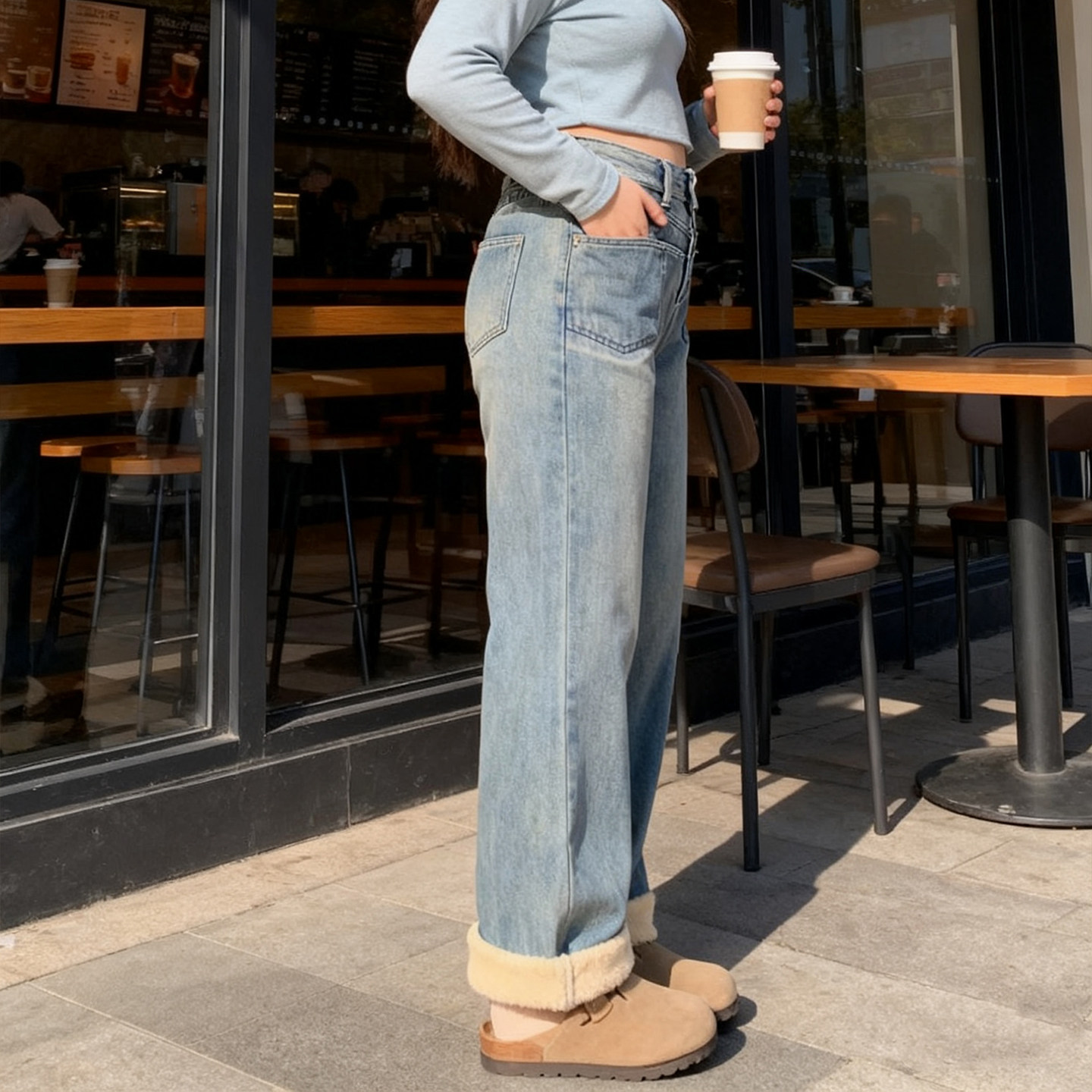 大码女装胖mm水洗垂感加绒加厚牛仔阔腿裤女高腰直筒宽松拖地裤子,淘宝优惠券,粉丝福利购,淘宝优惠卷