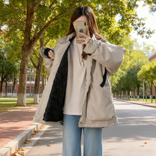 冬季大码胖mm工装连帽冲锋衣女夹棉加厚保暖宽松显瘦棉衣棉服外套 - 图1
