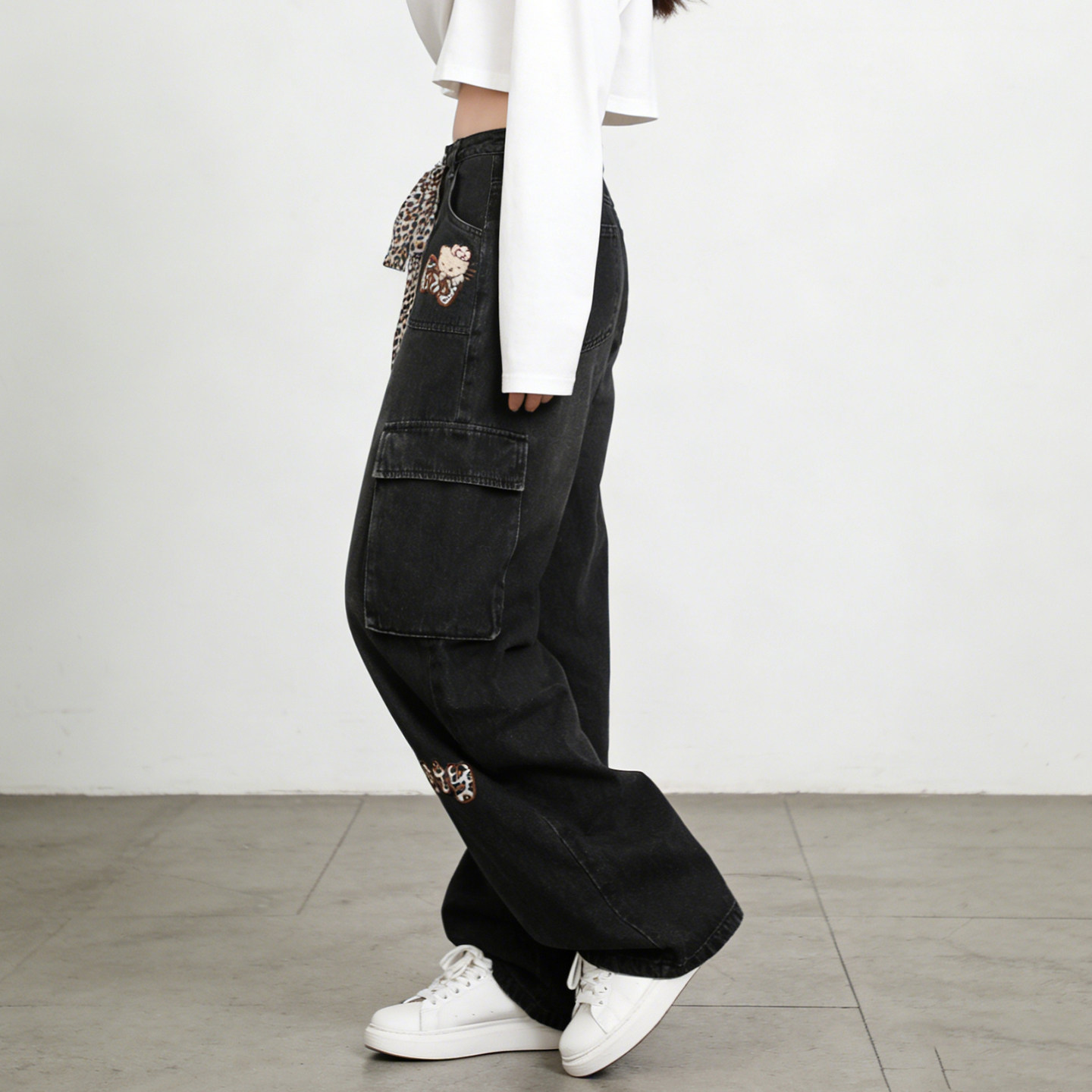 300斤大码胖mm春季复古豹纹刺绣阔腿牛仔裤女高腰显瘦直筒工装裤,淘宝优惠券,粉丝福利购,淘宝优惠卷