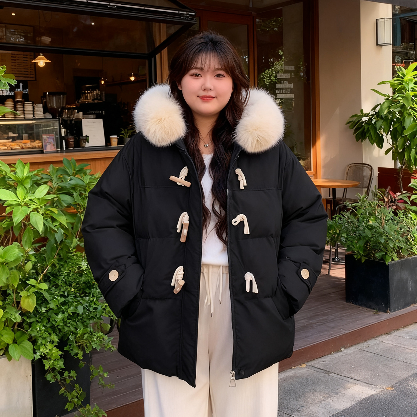 冬季大码胖mm牛角扣羽绒棉服女宽松学院风加厚保暖面包服棉衣外套 - 图3