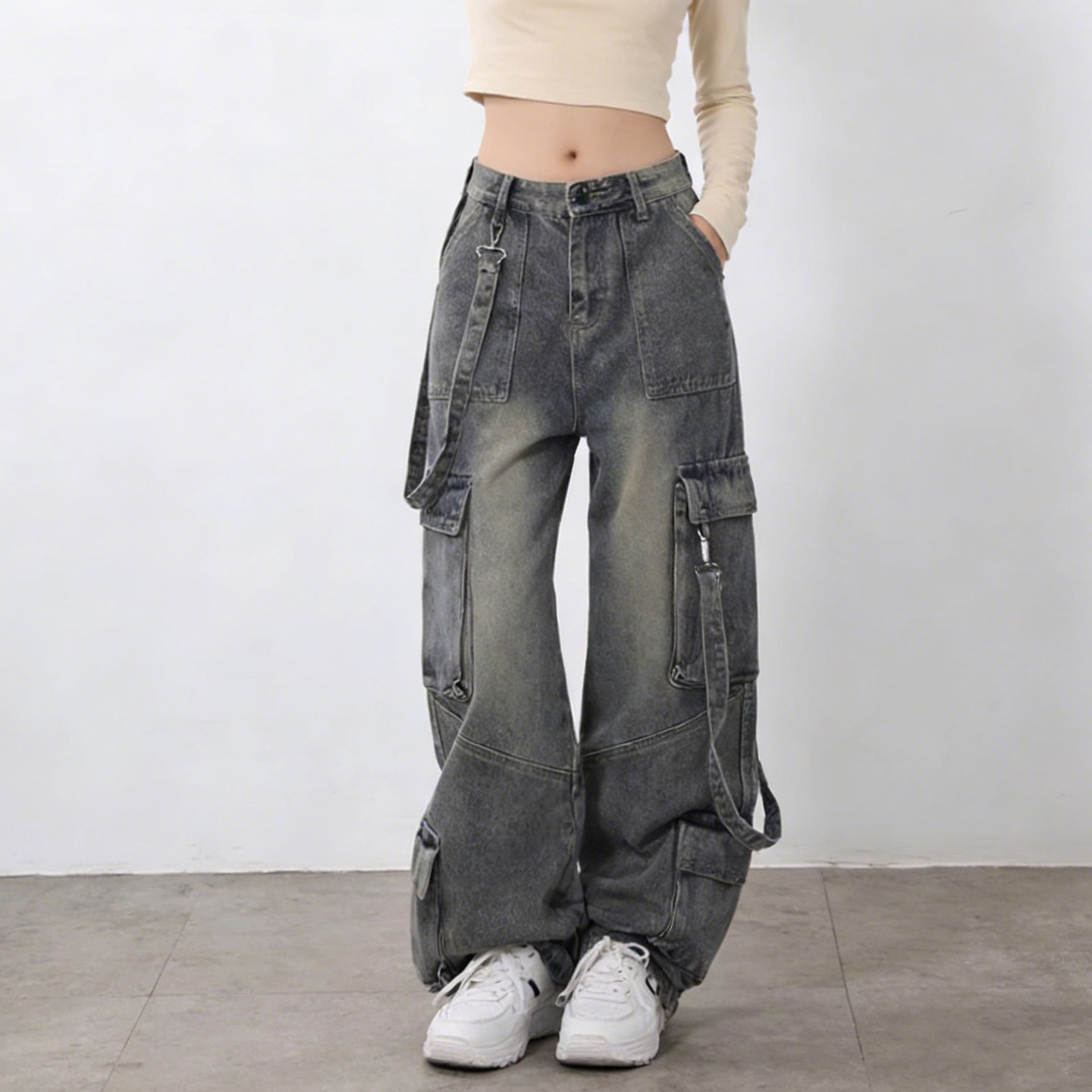 大码胖mm美式高街风复古阔腿牛仔裤女多口袋宽松做旧显瘦工装裤子,淘宝优惠券,粉丝福利购,淘宝优惠卷