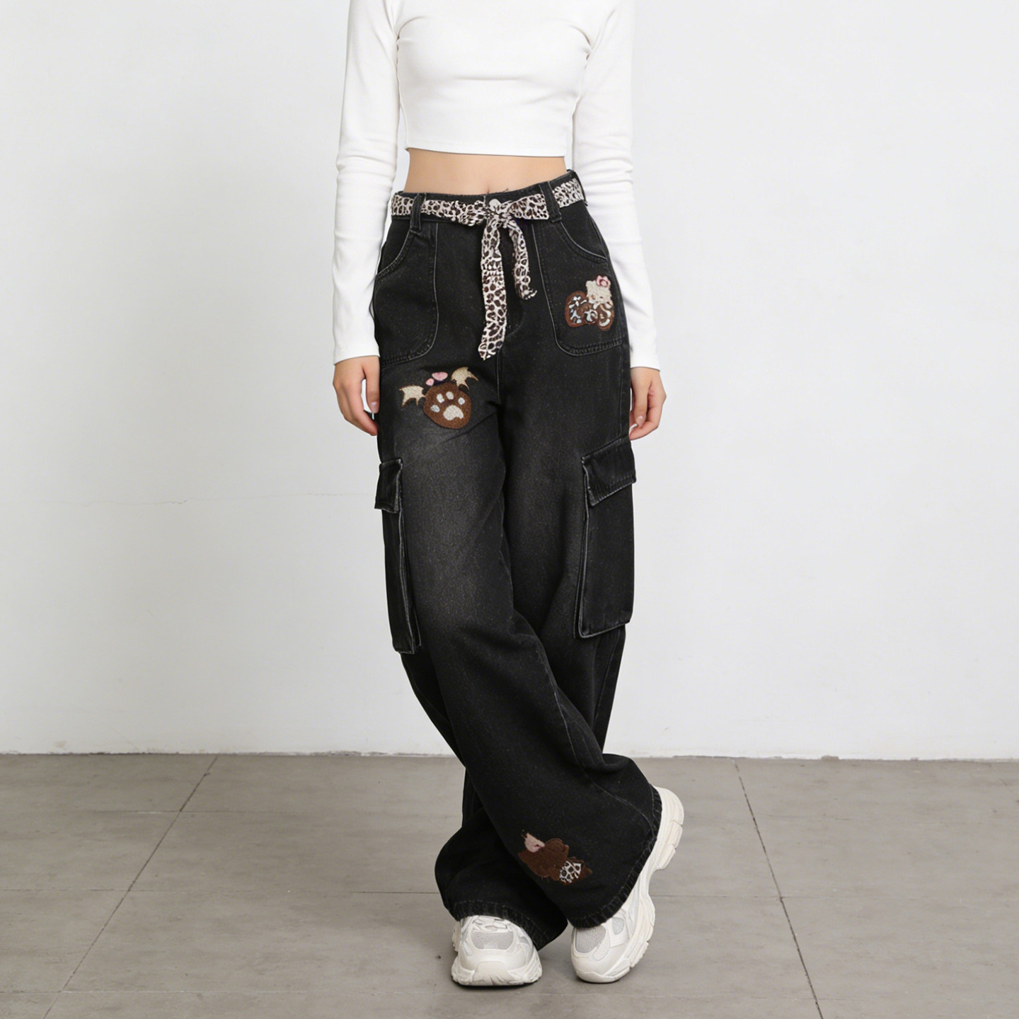 300斤大码胖mm春季复古豹纹刺绣阔腿牛仔裤女高腰显瘦直筒工装裤,淘宝优惠券,粉丝福利购,淘宝优惠卷