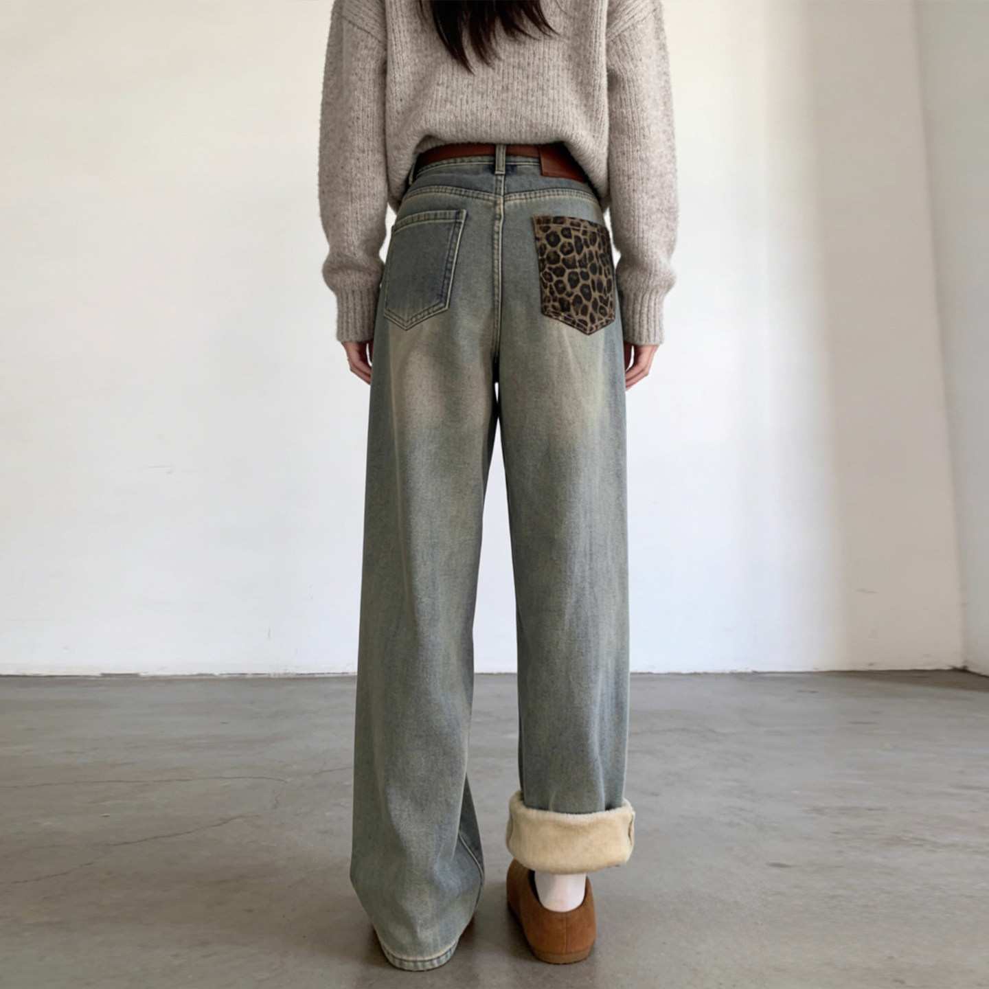 大码胖mm豹纹拼色高腰牛仔裤女冬季加绒加厚宽松阔腿直筒保暖裤子,淘宝优惠券,粉丝福利购,淘宝优惠卷