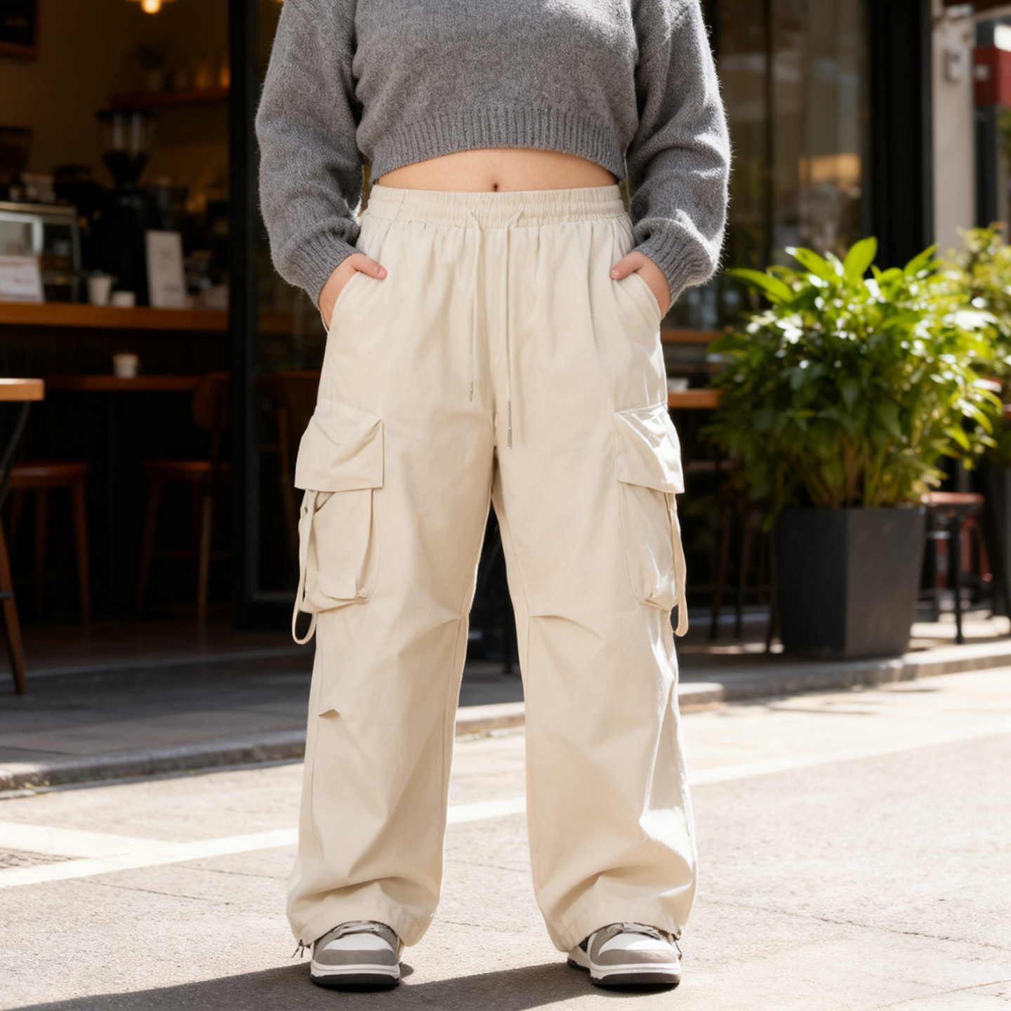 大码女装胖mm美式黑色多口袋阔腿工装裤女高腰宽松休闲垂感休闲裤,淘宝优惠券,粉丝福利购,淘宝优惠卷