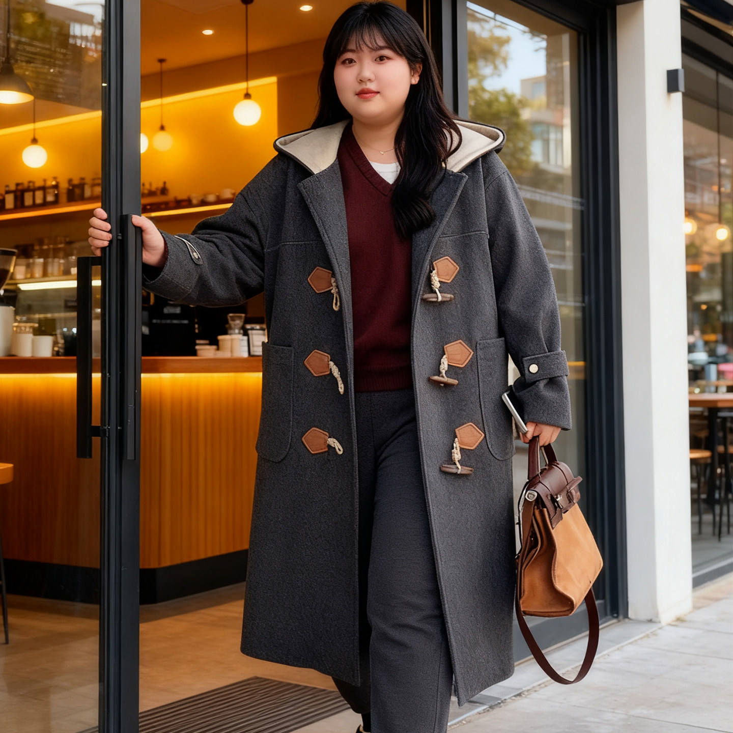 大码胖mm学院风连帽牛角扣毛呢大衣女中长款过膝加厚保暖宽松外套,淘宝优惠券,粉丝福利购,淘宝优惠卷