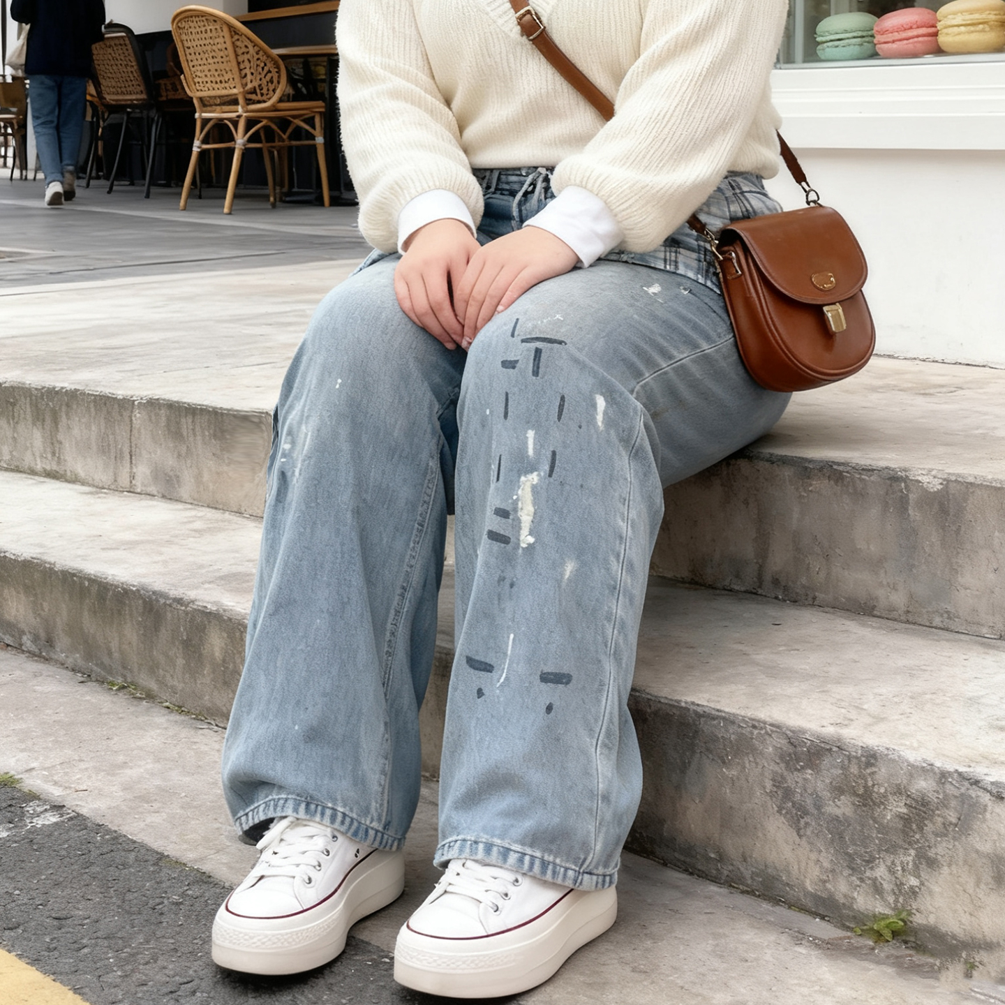 300斤大码胖mm美式复古泼墨格纹拼接屁帘牛仔裤女宽松显瘦阔腿裤 - 图2