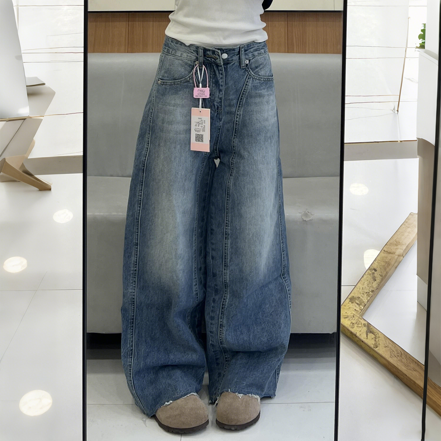 300斤胖mm大码美式复古阔腿牛仔裤女高腰宽松显瘦百搭直筒弯刀裤 - 图0
