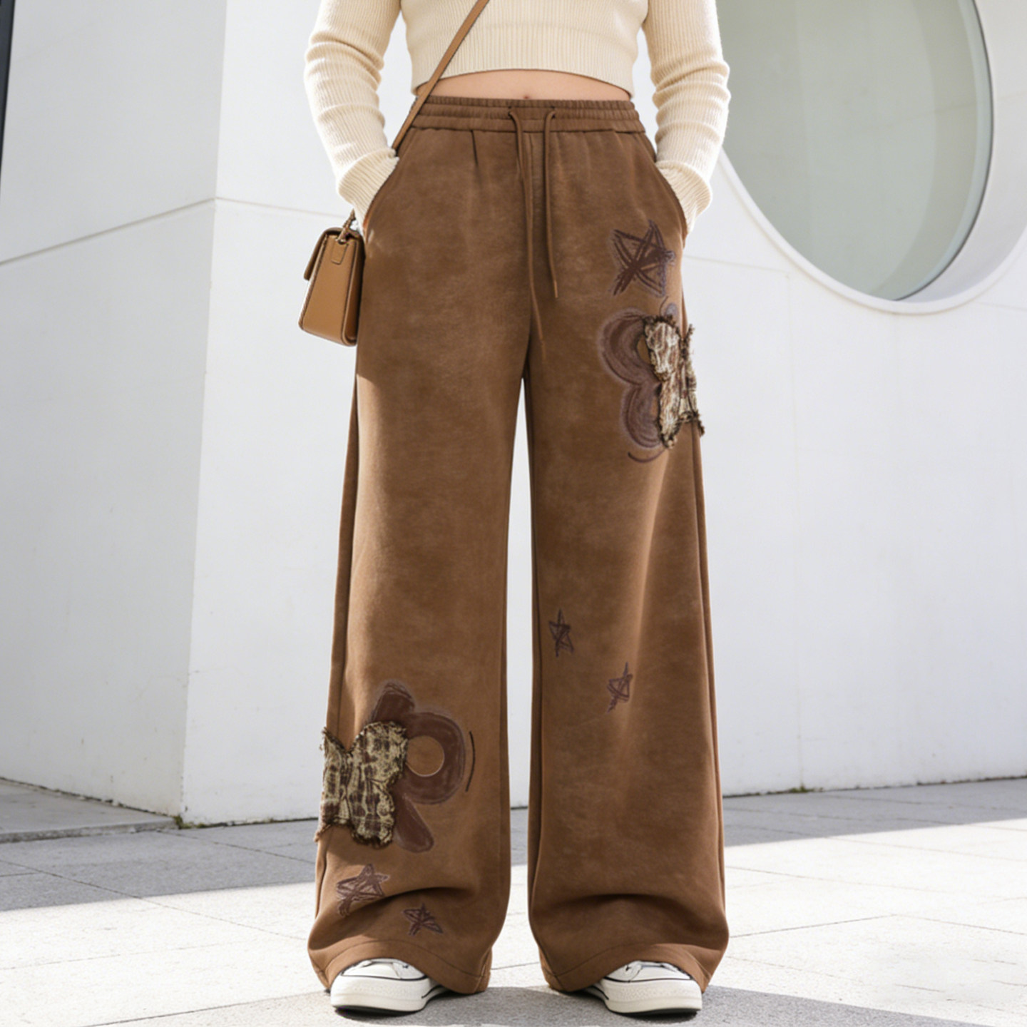 大码胖mm美式复古刺绣阔腿卫裤女冬季加绒加厚高腰保暖宽松休闲裤,淘宝优惠券,粉丝福利购,淘宝优惠卷