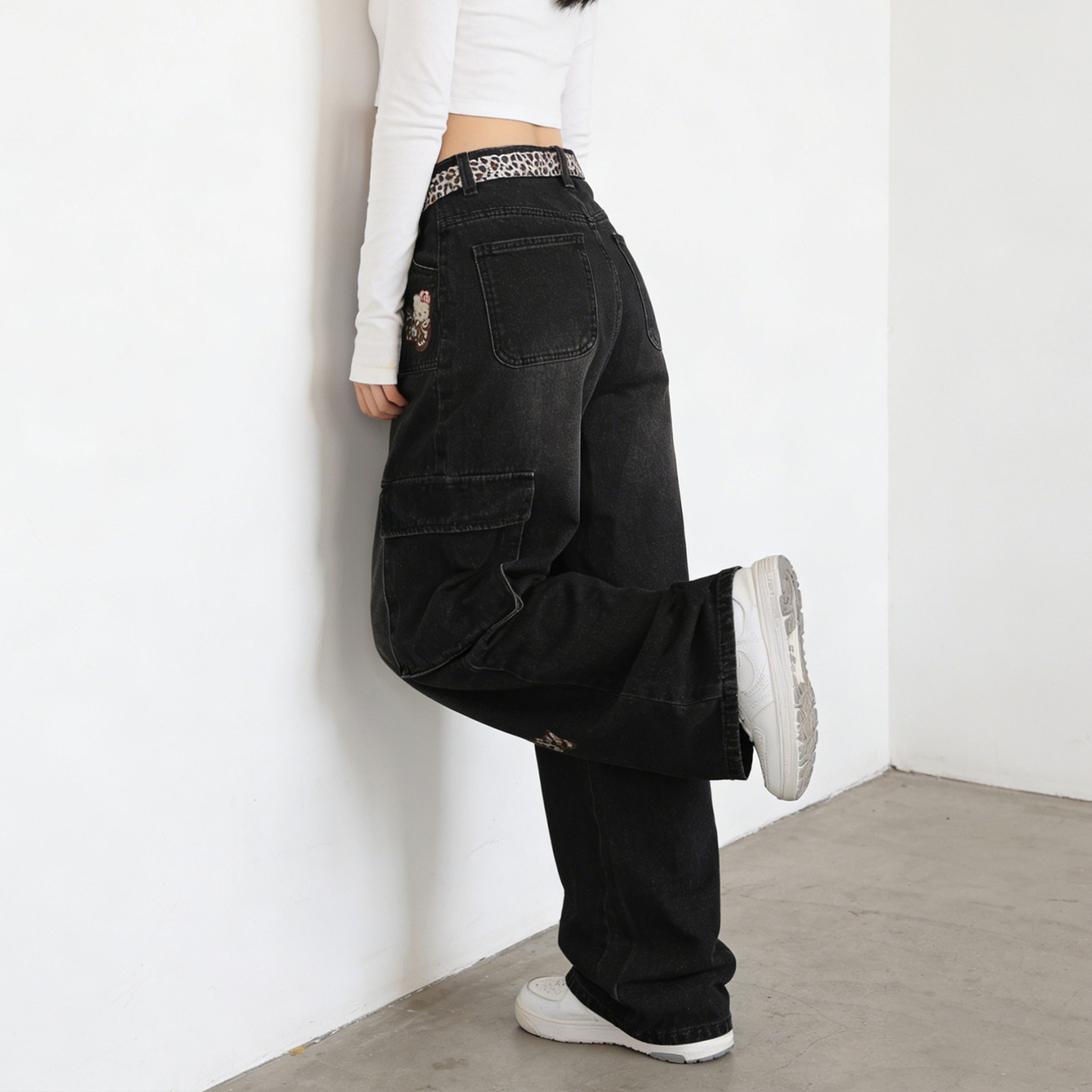 300斤大码胖mm春季复古豹纹刺绣阔腿牛仔裤女高腰显瘦直筒工装裤,淘宝优惠券,粉丝福利购,淘宝优惠卷