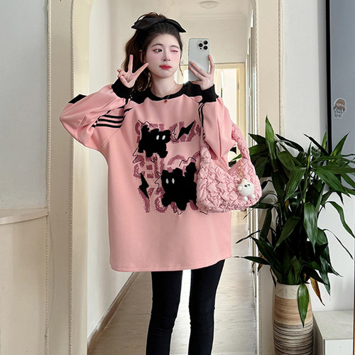 300斤胖mm大码慵懒风卡通刺绣长袖卫衣女秋季宽松设计感休闲上衣 - 图3