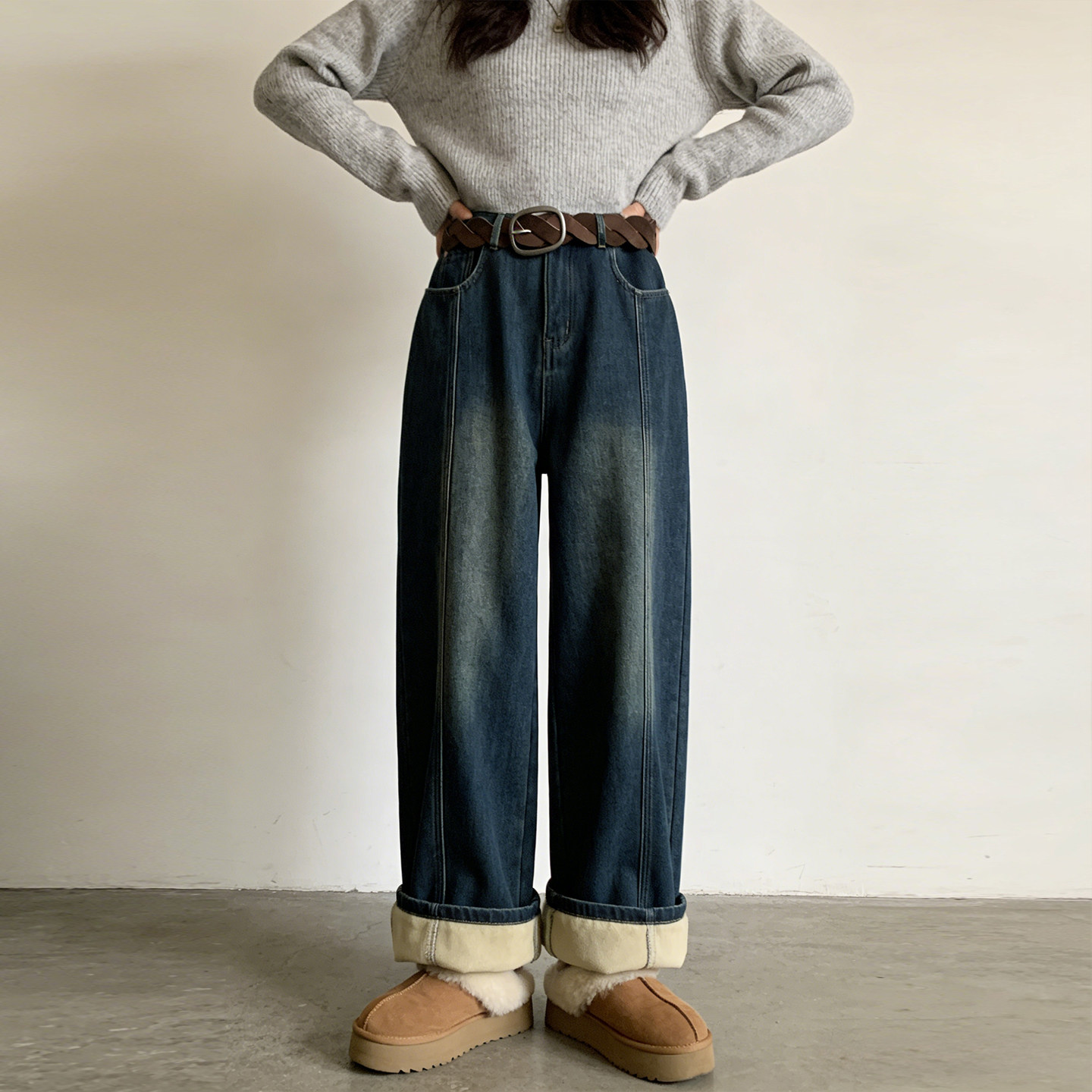 大码胖mm秋冬宽松加绒加厚高腰牛仔裤女宽松显瘦保暖阔腿弯刀裤子,淘宝优惠券,粉丝福利购,淘宝优惠卷