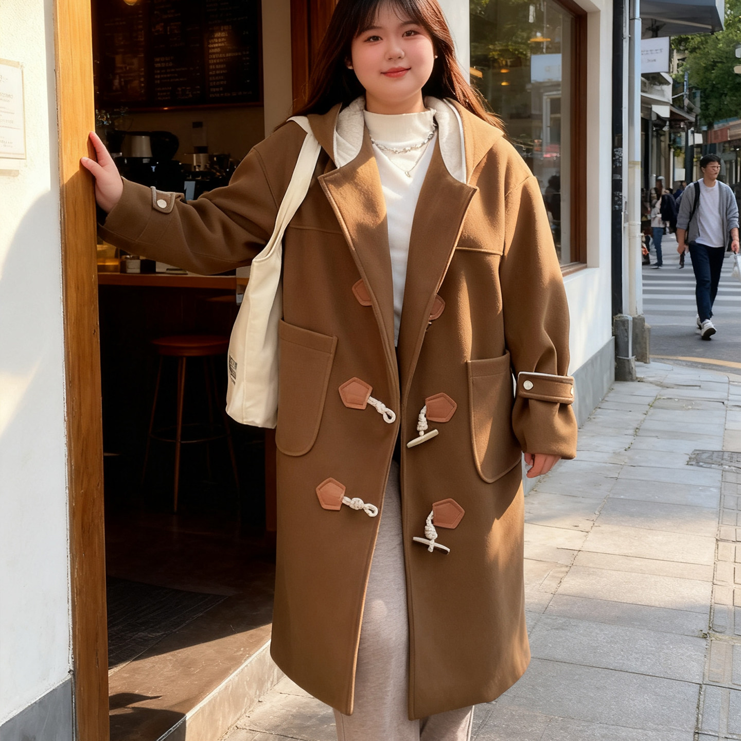 大码胖mm学院风连帽牛角扣毛呢大衣女中长款过膝加厚保暖宽松外套,淘宝优惠券,粉丝福利购,淘宝优惠卷