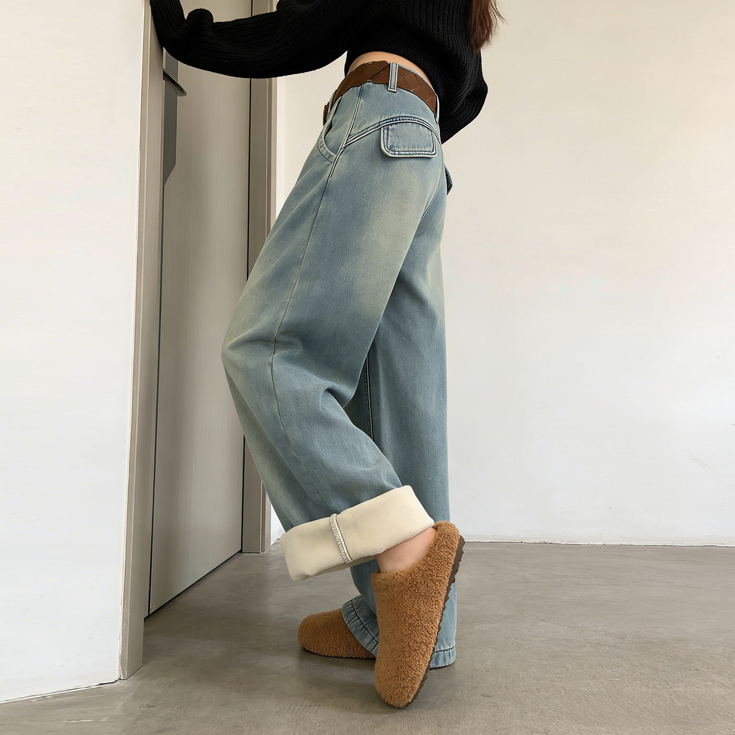 300斤大码胖mm高腰水洗弯刀阔腿牛仔裤女宽松直筒加绒加厚拖地裤,淘宝优惠券,粉丝福利购,淘宝优惠卷