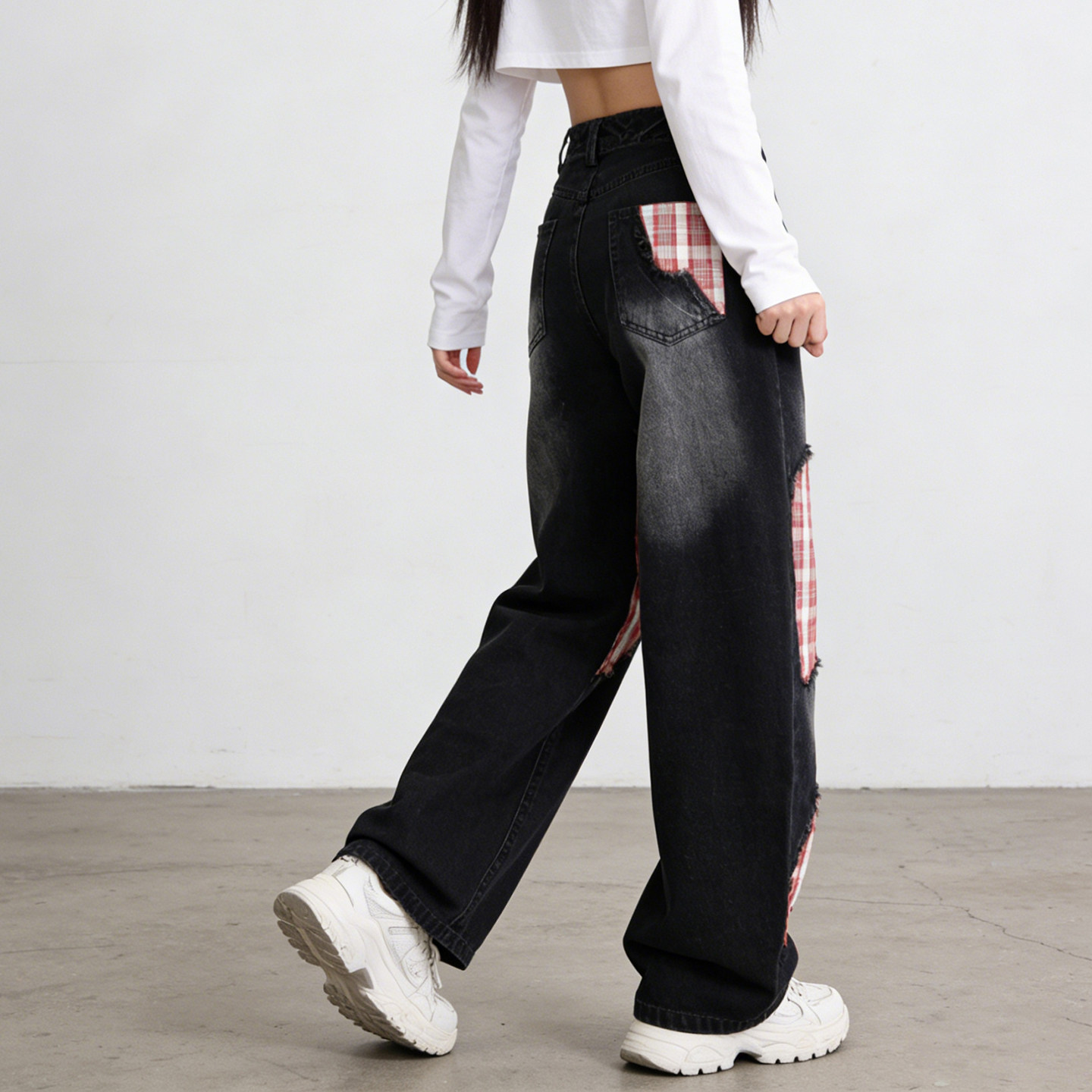 2026春季大码胖mm甜酷少女蝴蝶结绑带格子拼接牛仔裤女显瘦阔腿裤,淘宝优惠券,粉丝福利购,淘宝优惠卷