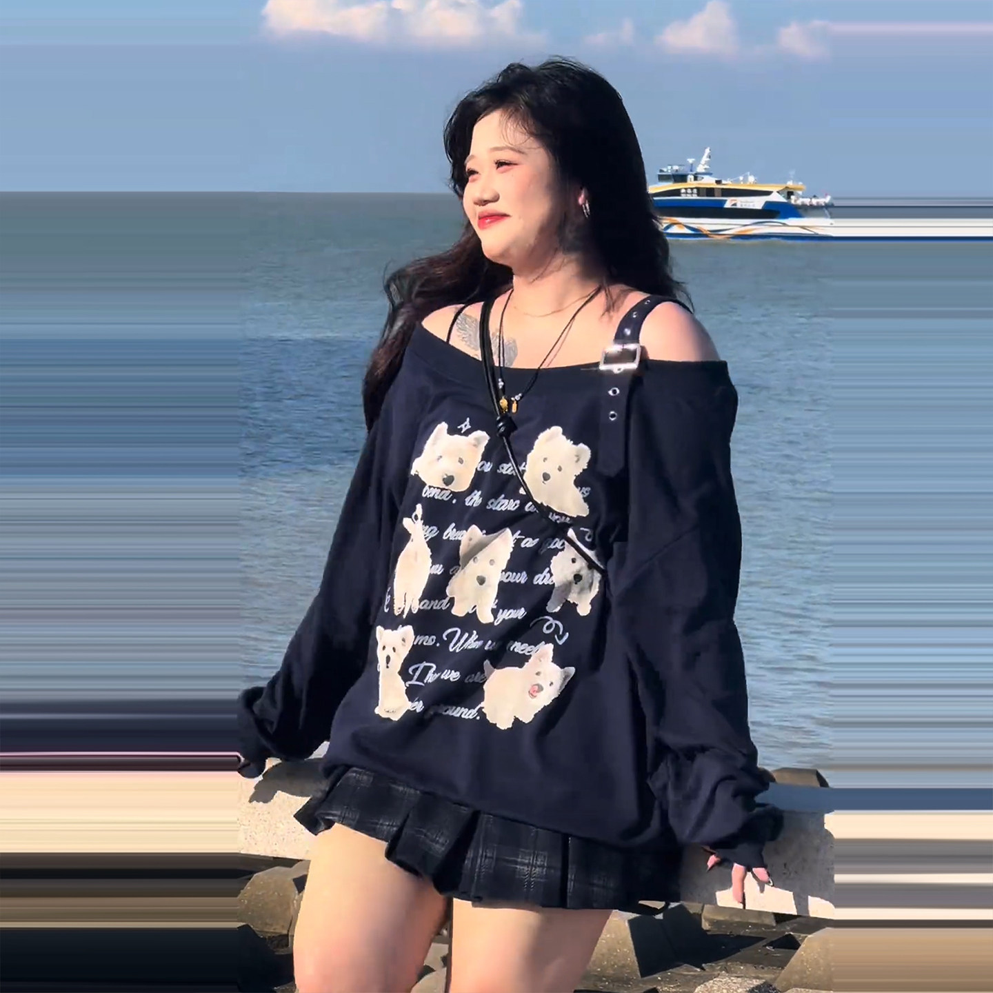 300斤大码胖mm秋冬季卡通小狗印花露肩长袖T恤女宽松显瘦遮肉上衣,淘宝优惠券,粉丝福利购,淘宝优惠卷