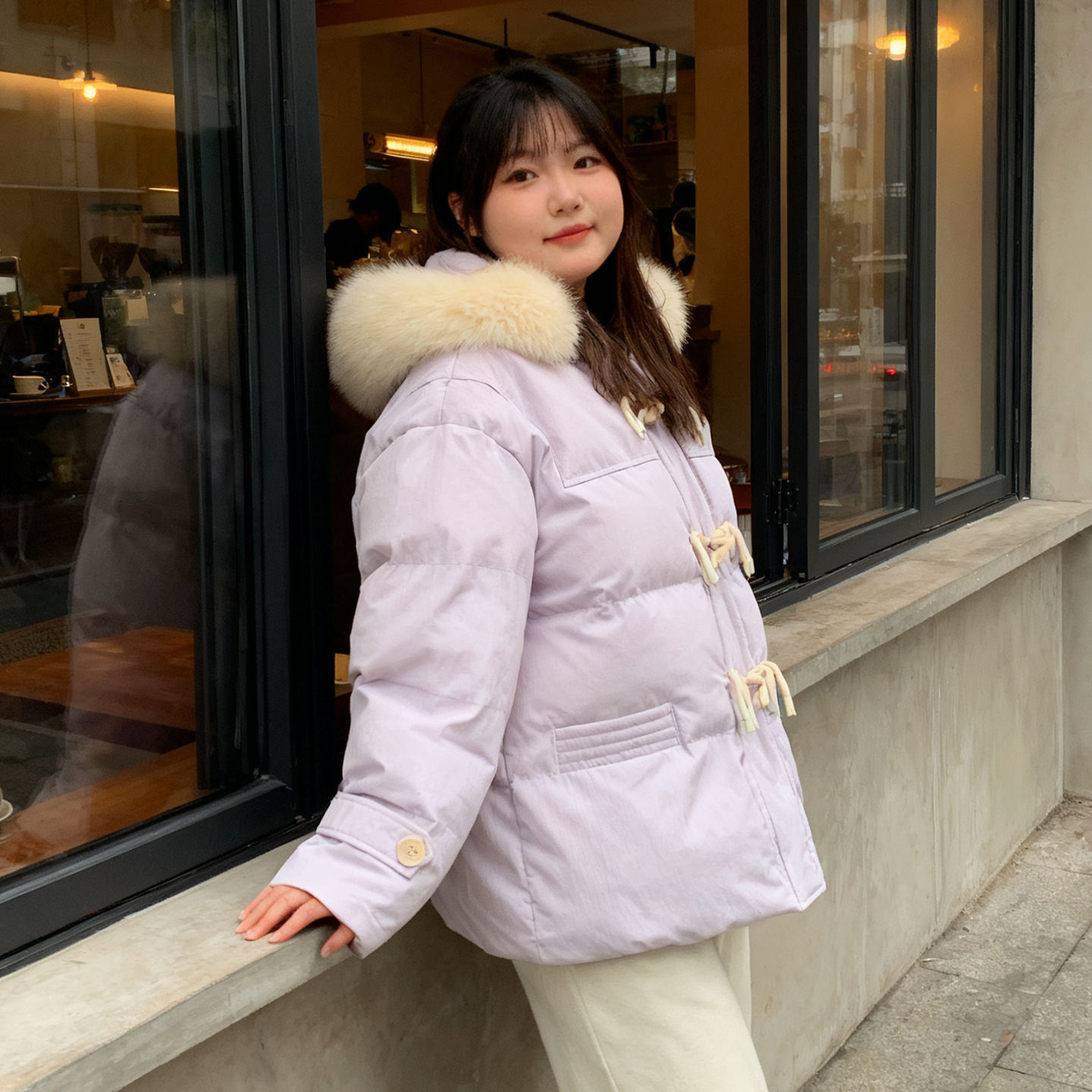 冬季大码胖mm牛角扣羽绒棉服女宽松学院风加厚保暖面包服棉衣外套 - 图2