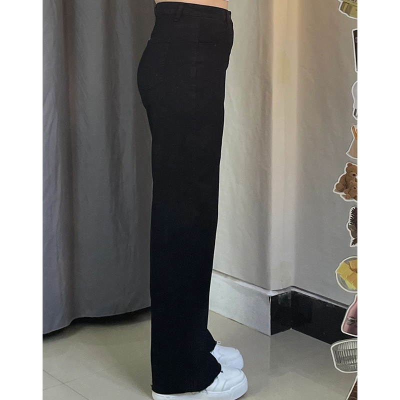 胖mm大码小个子高腰垂感字母刺绣牛仔裤女设计感直筒宽松阔腿长裤 - 图0