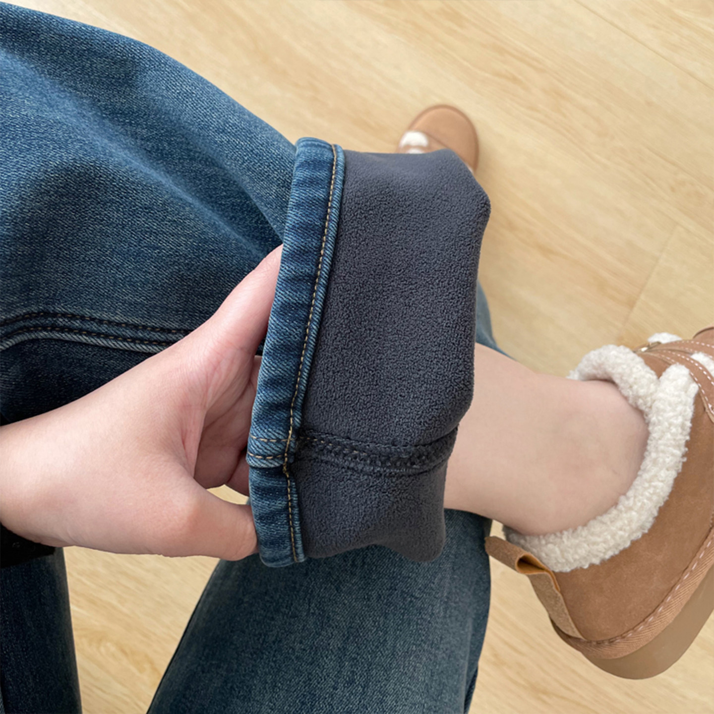 大码胖mm超柔软羊羔绒加绒加厚保暖牛仔裤女高腰显瘦阔腿阔腿裤子,淘宝优惠券,粉丝福利购,淘宝优惠卷