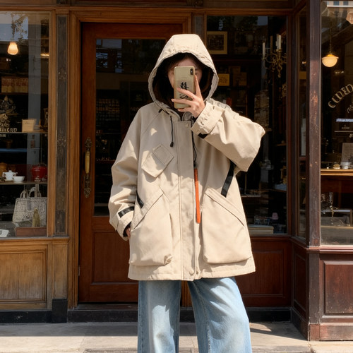 冬季大码胖mm工装连帽冲锋衣女夹棉加厚保暖宽松显瘦棉衣棉服外套 - 图2