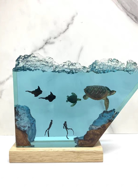 手工制作海底世界海龟魔鬼鱼一家和潜水员树脂小夜灯氛围灯摆件