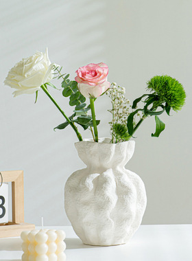 法式白色陶瓷花瓶高级感侘寂风客厅桌面摆件ins风干花花器装饰品