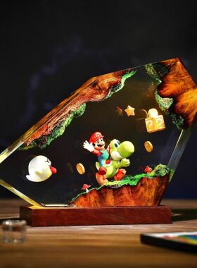 手作超级玛丽马里奥和小鳄鱼树脂实木小夜灯氛围灯床头灯摆件礼物