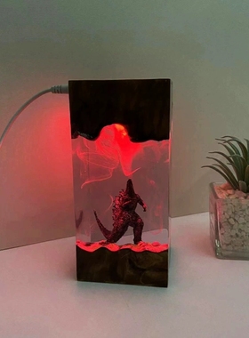 实木树脂高级摆件哥斯拉氛围小夜灯床头灯圣诞节日朋友创意礼物