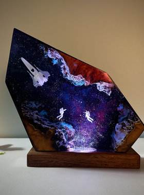 手工制作太空宇航员太空飞船树脂实木小夜灯氛围灯床头灯摆件礼物