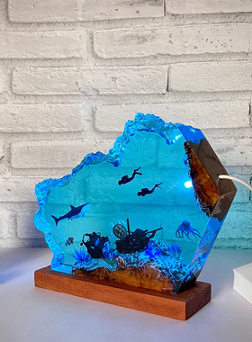 海底世界景观溶洞鲨鱼和潜水员章鱼热带鱼海龟沉船小夜灯摆件礼物