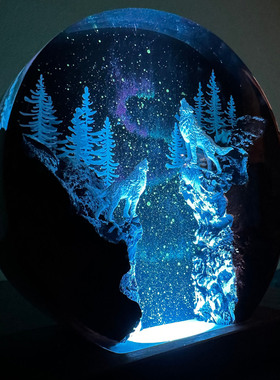 双狼雪山森林星空圆形树脂实木小夜灯极光峡谷微景观治愈生日礼物
