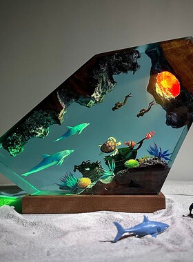 海底世界景观溶洞海豚大海龟潜水员沉船珊瑚礁小夜灯床头灯摆件