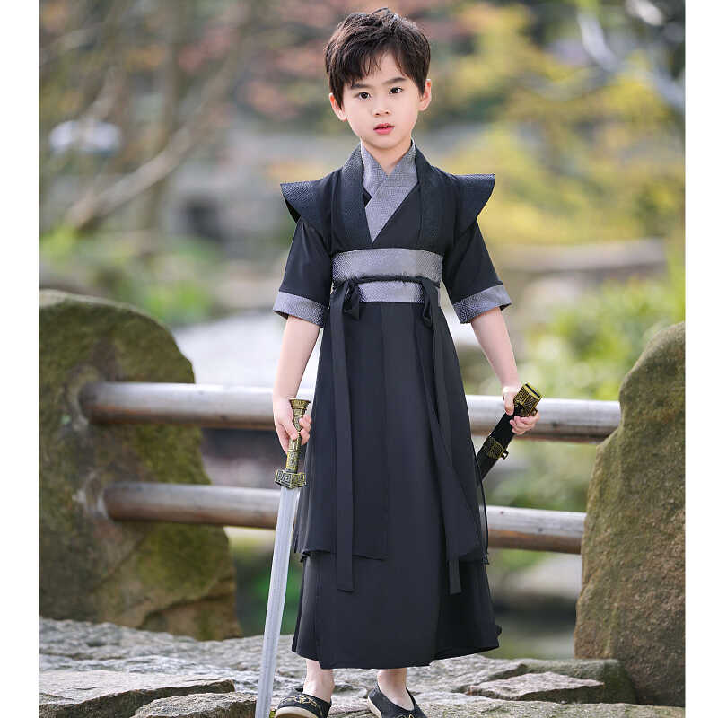 2024新款男孩夏季薄款武侠风侠客服短袖古装公子服六一儿童演出服-图1