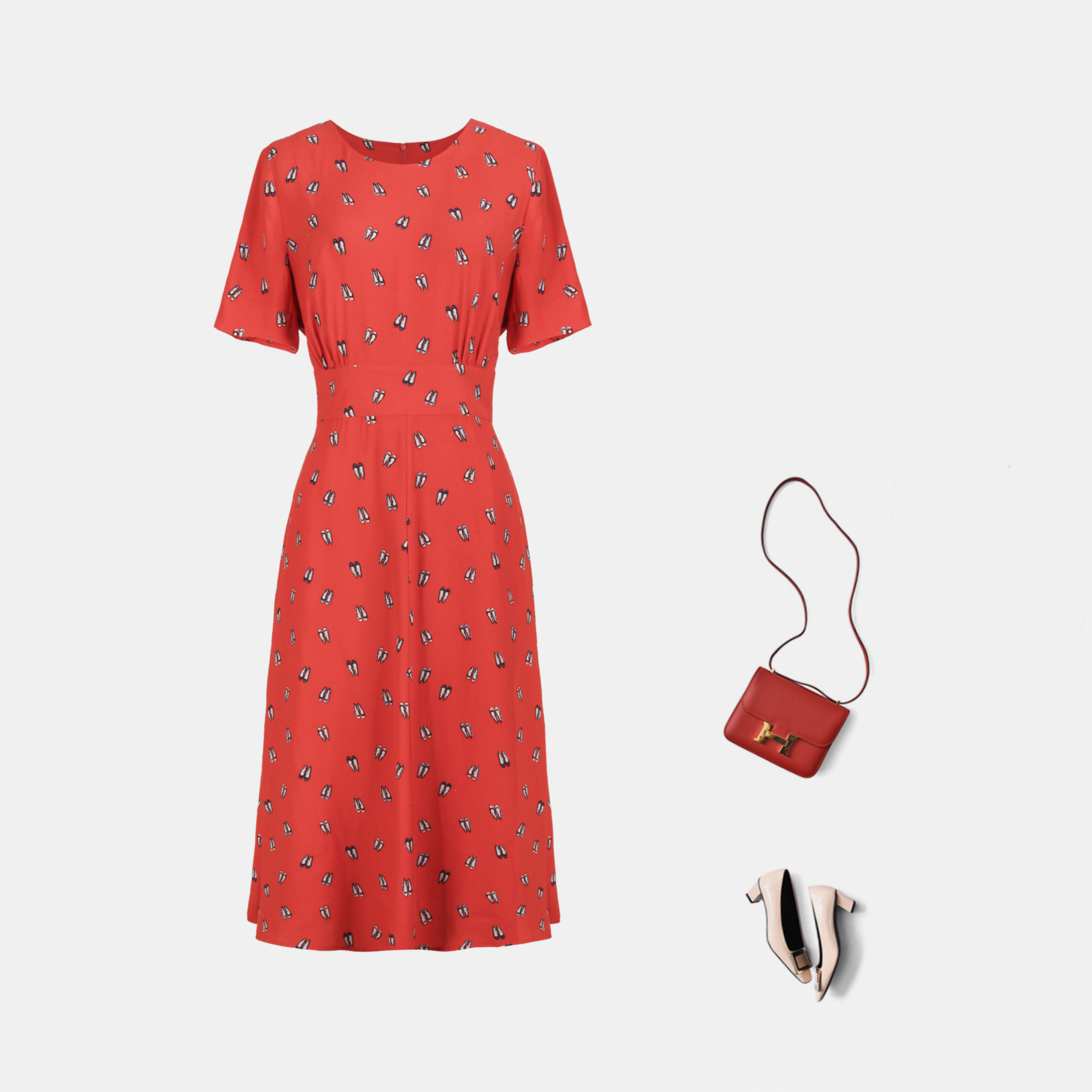 蓝玫瑰大码女装客供人丝色丁 红色高跟鞋圆领短袖收腰A字连衣裙,淘宝优惠券,粉丝福利购,淘宝优惠卷