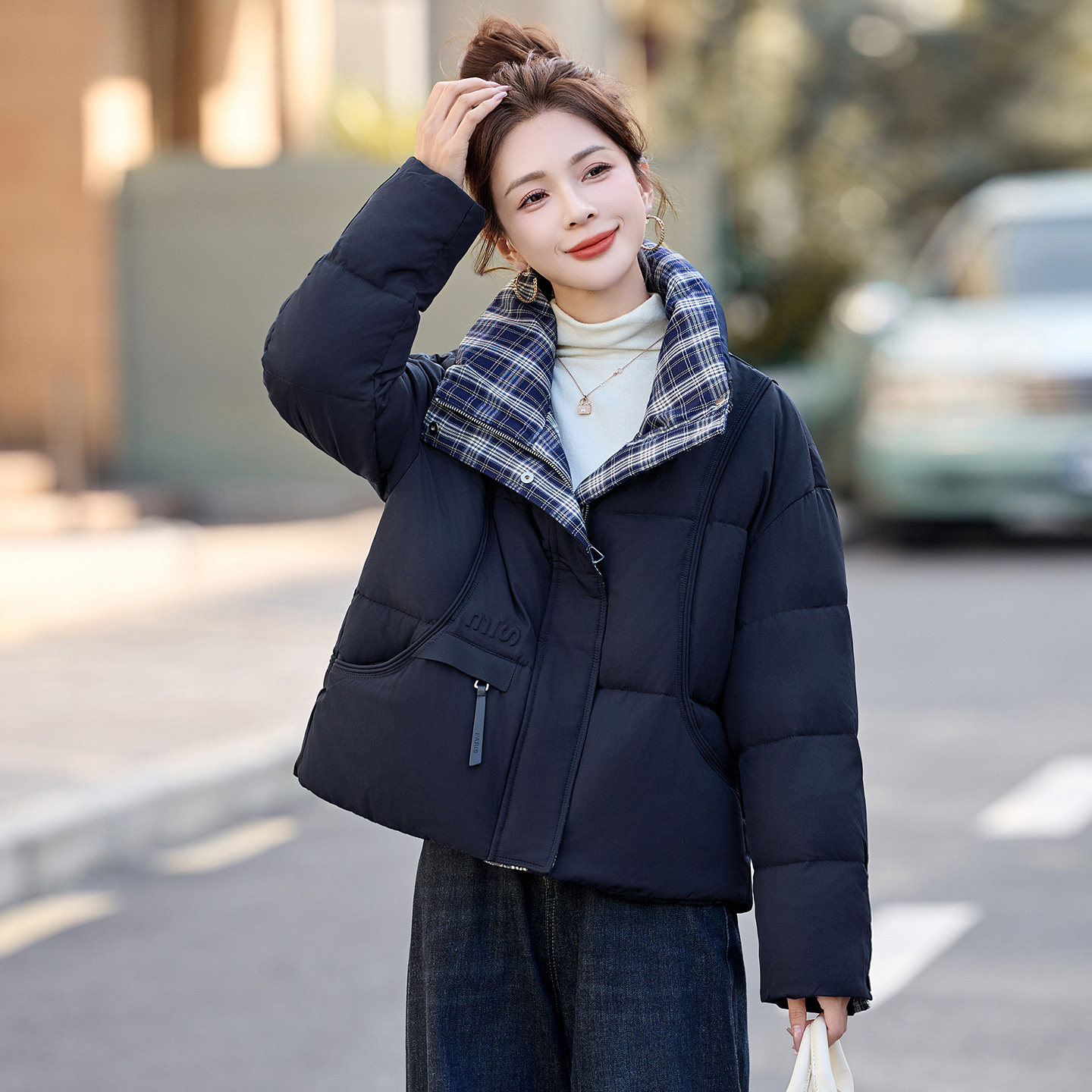 小个子撞色立领短款羽绒服女2025冬季新款时尚格子加厚白鸭绒外套,淘宝优惠券,粉丝福利购,淘宝优惠卷