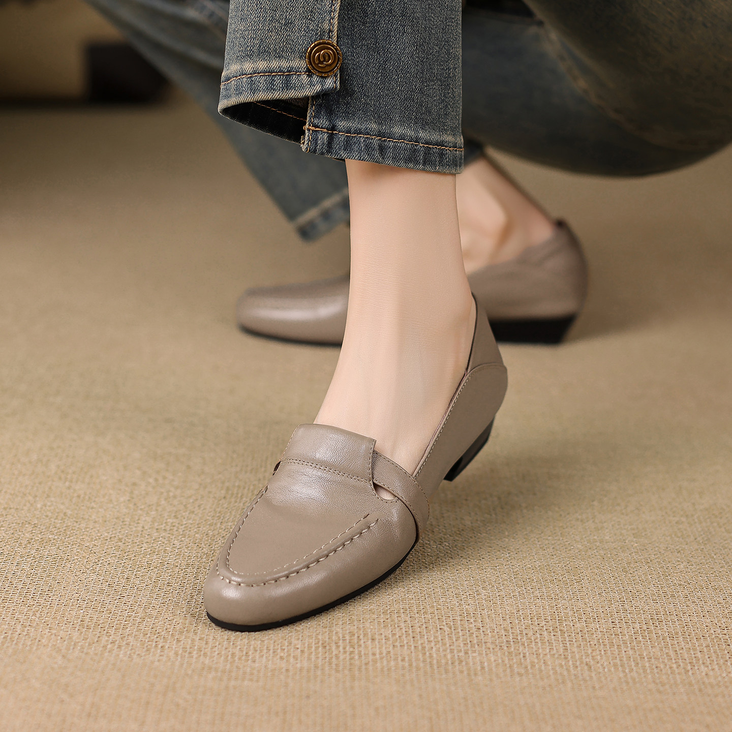 羊皮/2.5cm方头深口单鞋女2026春秋新款真皮粗跟乐福鞋超软小皮鞋,淘宝优惠券,粉丝福利购,淘宝优惠卷