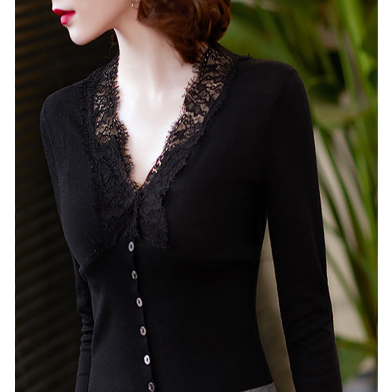 尘颜85支桑蚕丝精梳棉优雅蕾丝v领 尘颜毛针织衫