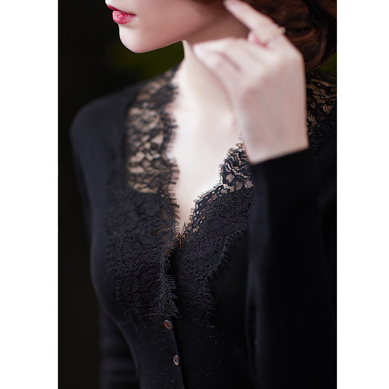 尘颜85支桑蚕丝精梳棉优雅蕾丝v领 尘颜毛针织衫