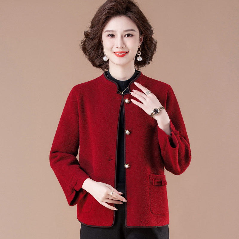 小个子妈妈春秋气质红色毛呢短款外套喜婆婆婚宴装加大码礼服上衣