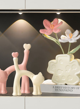 北欧ins花朵花瓶猫咪陶瓷摆件