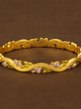 金色紫藤花手镯珐琅枝条藤蔓手镯女绿叶花开古法鎏彩紫桃心手环