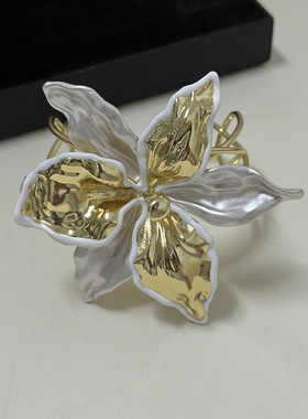 欧美小众个性夸张滴油白金撞色花朵戒指复古轻奢时尚高级感指环女