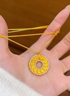 沙金仿真金点钻钱鲤鱼如意扣吊坠项链圆形锦鲤锁骨链级感女