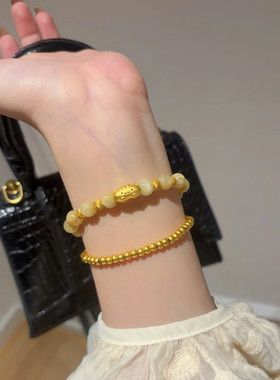 金店同款沙金仿真金黄水晶拉丝金珠手链女款高级感手串送女友礼物