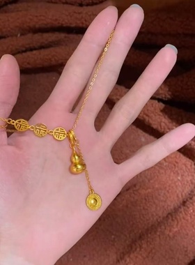 仿金沙金黄金色古法福字小葫芦毛衣链吊坠女轻奢镀金锁骨链项链