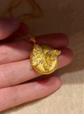 仿金沙金黄金色古法拉丝蝴蝶结吊坠毛衣链女轻奢锁骨链高端项链