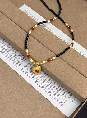 黄金色古法毛衣链锁骨链弧形弯管吊坠沙金拉丝手作红心葫芦吊坠